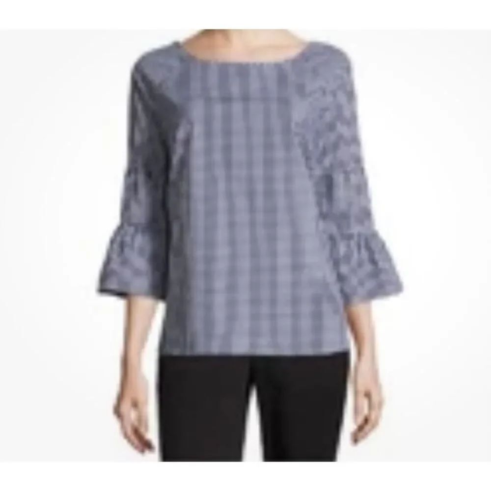 Como black women’s plus size blue and white gingham wide sleeve blouse 2X